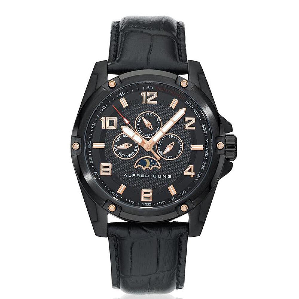 shop lc Closeout Alfred Sung ION Plated Black Japanese Movement 46mm Watch with Black Genuine Leather Strap