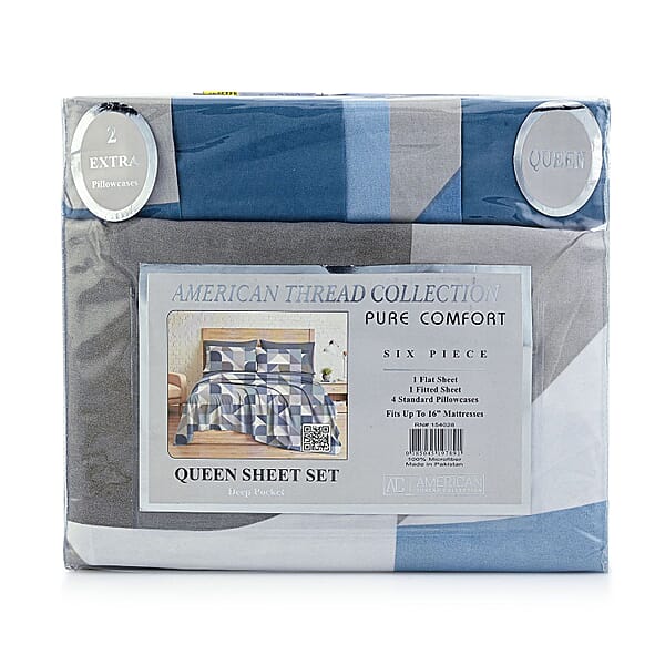 Shop Lc Closeout American Thread Collection 6pc Grey & Blue Geometric Microfiber Sheet Set -Twin