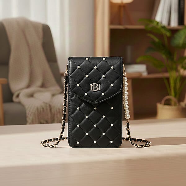 Shop Lc Closeout Badgley Mischka Black Vegan Leather Quilted Pearl Cell Phone Crossbody Bag