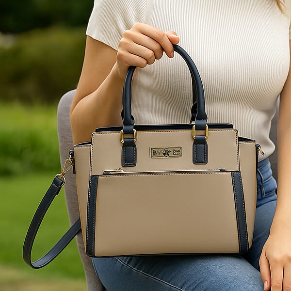 Shop Lc Closeout Beverly Hills Polo Club Camel & Navy Faux Leather Satchel