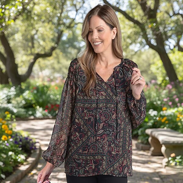 Shop Lc Closeout Christopher & Banks Black Printed Tie Neck Chiffon Blouse - Large