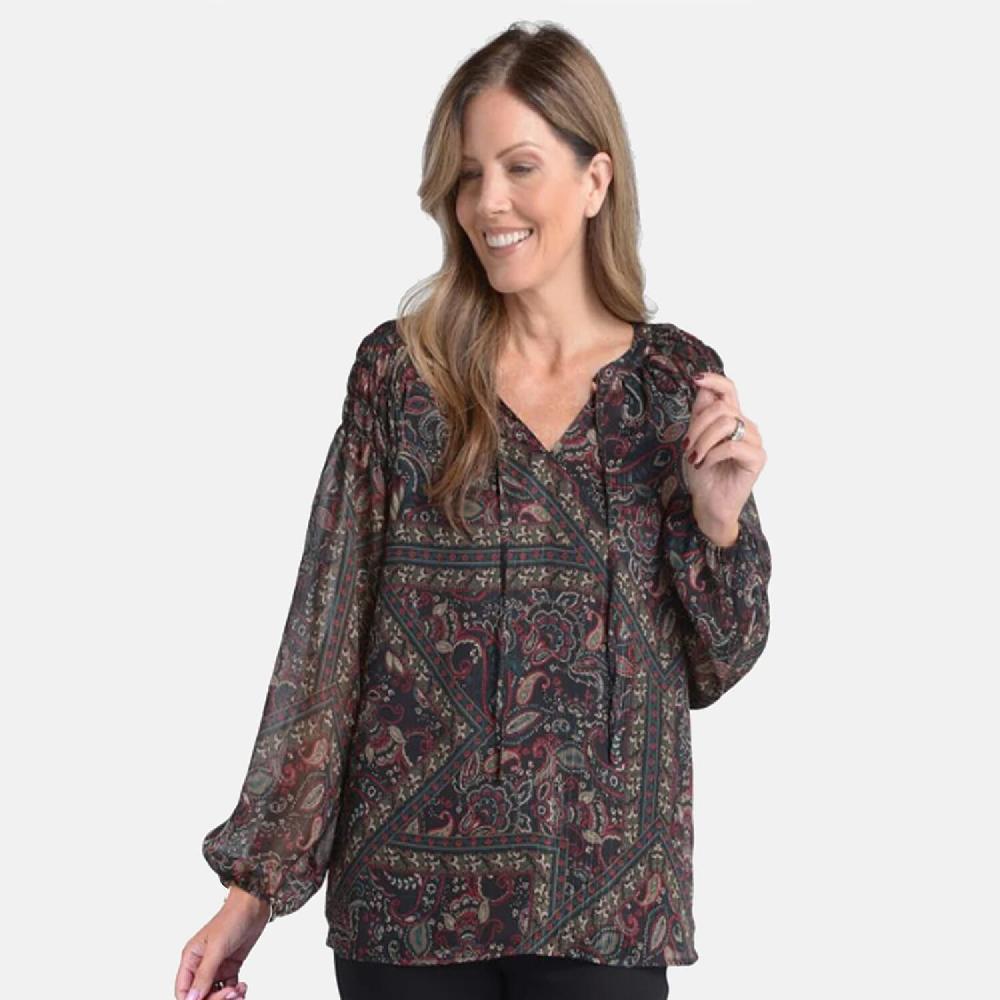 shop lc Closeout Christopher & Banks Black Printed Tie Neck Chiffon Blouse - Large