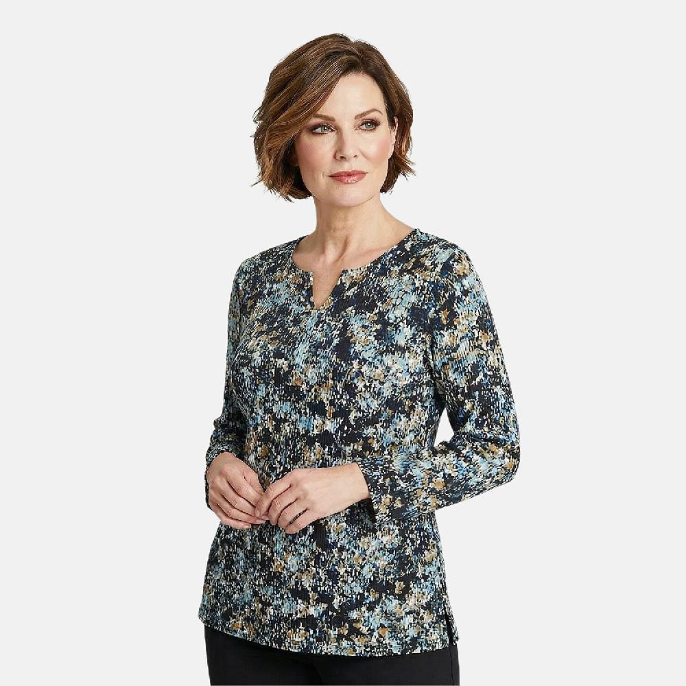 shop lc Closeout Christopher & Banks Blue Abstract Print Notch Neck Long Sleeve Tee - 1X