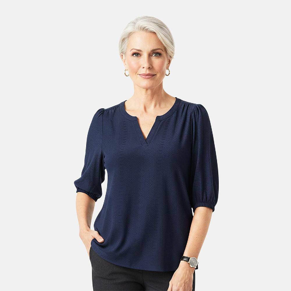 shop lc Closeout Christopher & Banks Blue Novelty Split Neck Ruffled Puff Sleeve Tee - Large