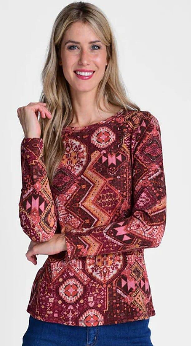 shop lc Closeout Christopher & Banks Burgundy Geometric Print Long Sleeve Thermal Tee - 1X