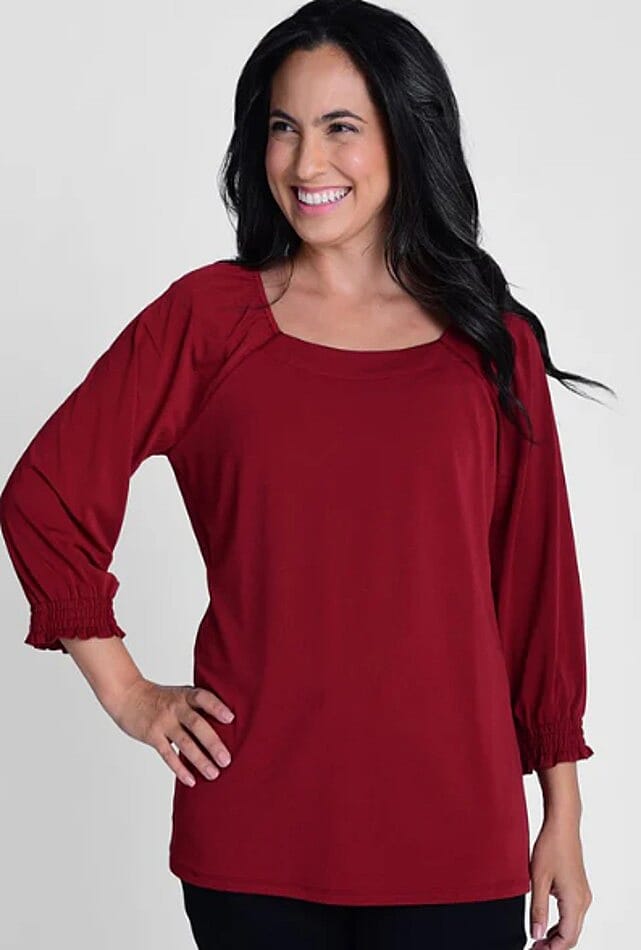 shop lc Closeout Christopher & Banks Burgundy Smocked Raglan Sleeve Square Neck Peasant Top - 1X