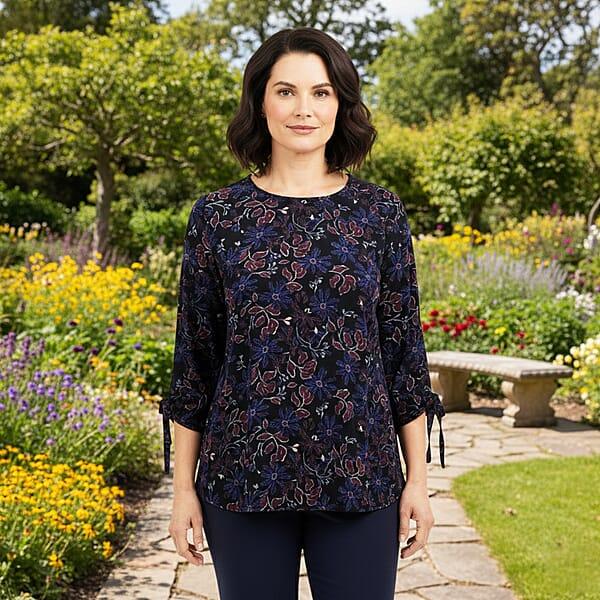 Shop Lc Closeout Christopher & Banks Navy Floral Printed Jewel Neck Long Sleeve Blouse - Large