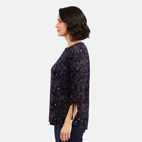 Shop Lc Closeout Christopher & Banks Navy Floral Printed Jewel Neck Long Sleeve Blouse - Large