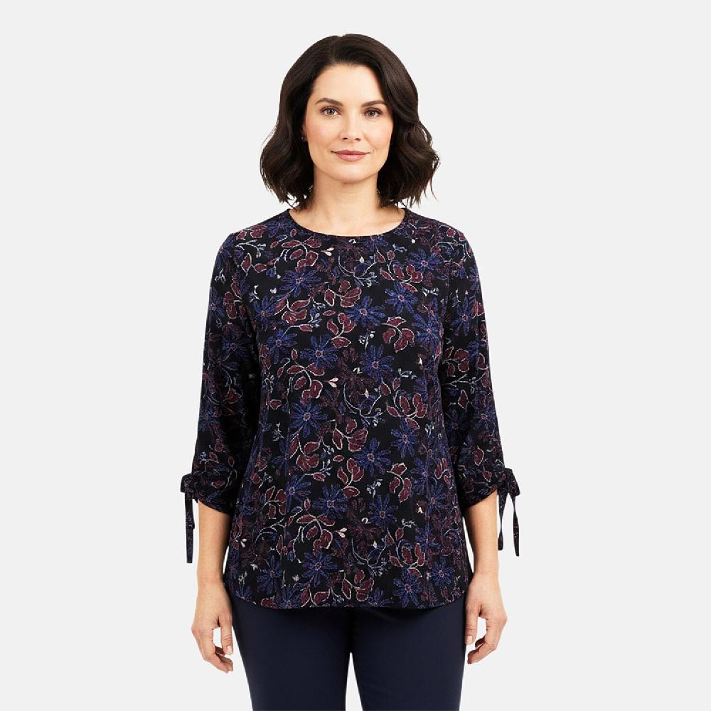 shop lc Closeout Christopher & Banks Navy Floral Printed Jewel Neck Long Sleeve Blouse - Large