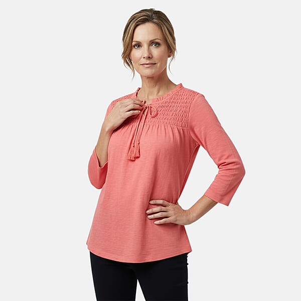 Shop Lc Closeout Christopher & Banks Pink Smocked Tie Neck 3/4 Sleeve Top - Medium