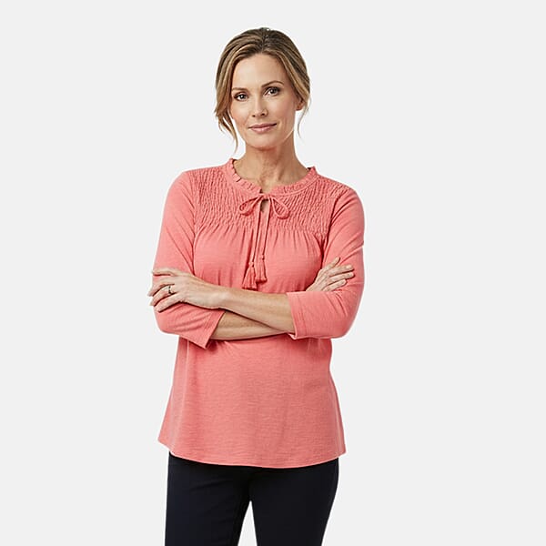 Shop Lc Closeout Christopher & Banks Pink Smocked Tie Neck 3/4 Sleeve Top - Medium