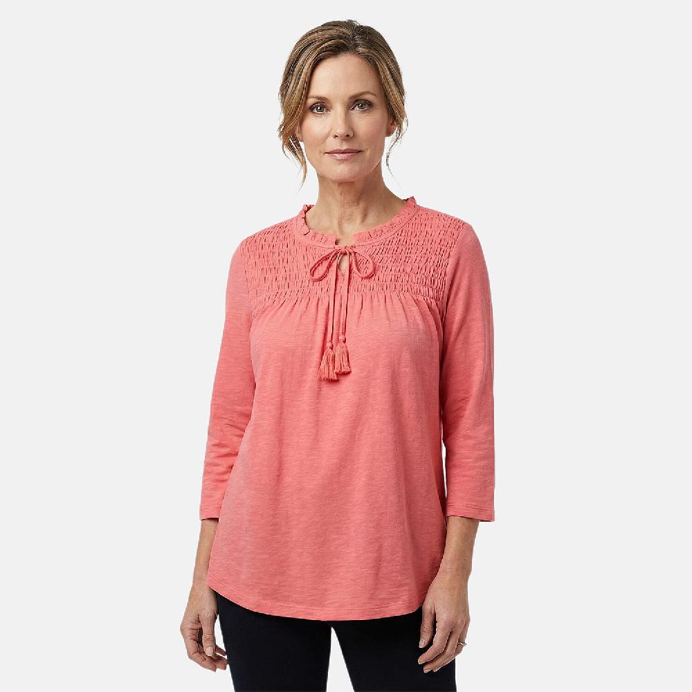 shop lc Closeout Christopher & Banks Pink Smocked Tie Neck 3/4 Sleeve Top - Medium