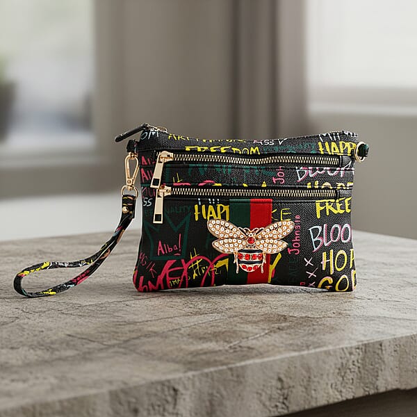 Shop Lc Closeout Chunma Black And Multi Color Graffiti Bee Faux Leather Clutch Crossbody Bag