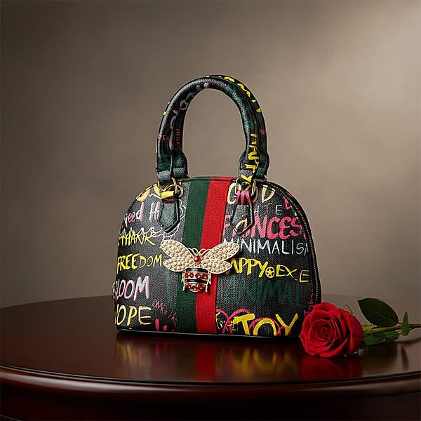 Shop Lc Closeout Chunma Black And Multi Color Graffiti Bee Faux Leather Satchel Bag
