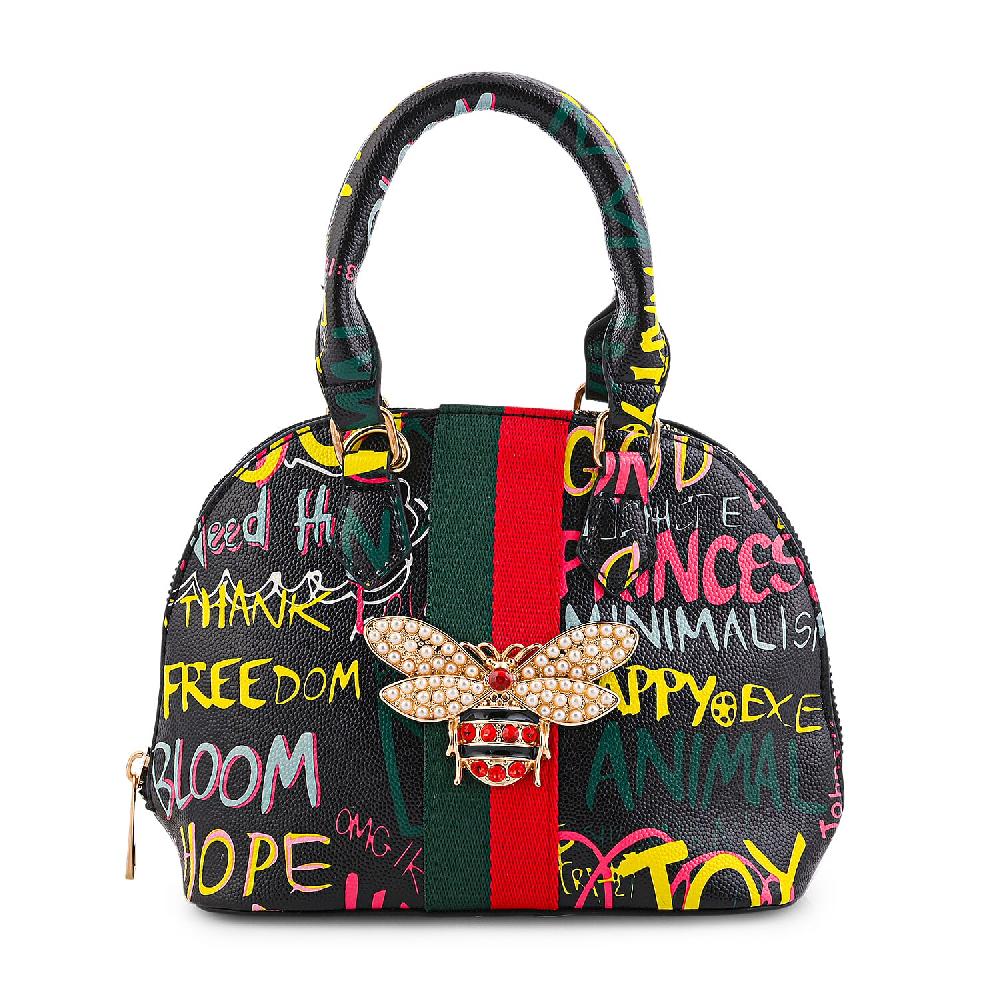 shop lc Closeout Chunma Black and Multi Color Graffiti Bee Faux Leather Satchel Bag