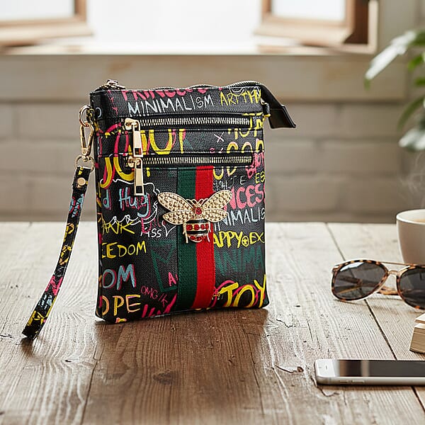 Shop Lc Closeout Chunma Black And Multi Color Graffiti Bee Faux Leather Clutch Crossbody Bag