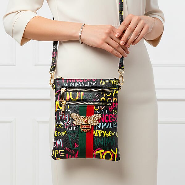 Shop Lc Closeout Chunma Black And Multi Color Graffiti Bee Faux Leather Clutch Crossbody Bag
