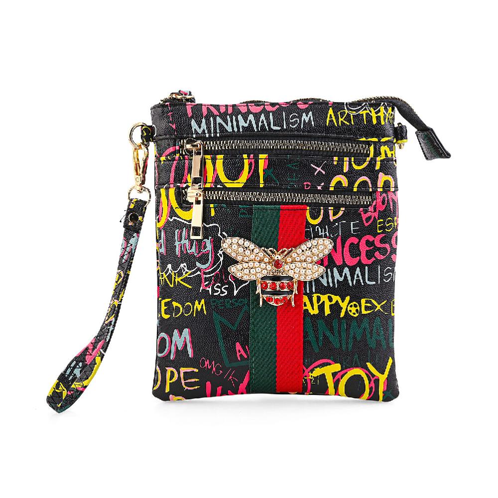 shop lc Closeout Chunma Black and Multi Color Graffiti Bee Faux Leather Clutch Crossbody Bag