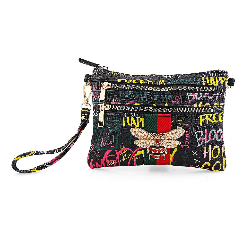 shop lc Closeout Chunma Black and Multi Color Graffiti Bee Faux Leather Clutch Crossbody Bag