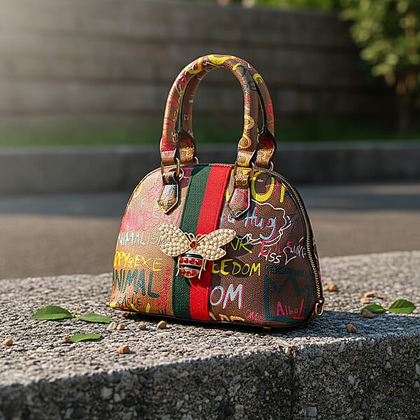 Shop Lc Closeout Chunma Tan And Multi Color Graffiti Bee Faux Leather Satchel Bag