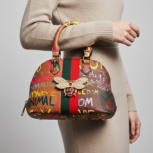 Shop Lc Closeout Chunma Tan And Multi Color Graffiti Bee Faux Leather Satchel Bag