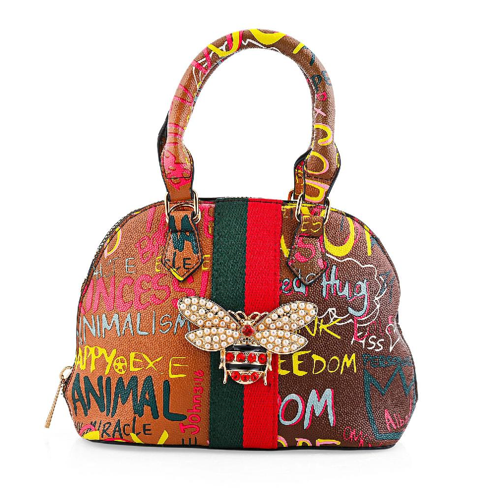 shop lc Closeout Chunma Tan and Multi Color Graffiti Bee Faux Leather Satchel Bag