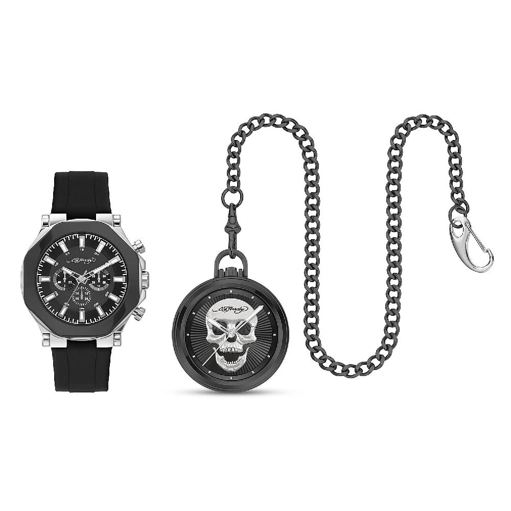 shop lc Closeout Ed Hardy Watch with Black Faux Leather Strap & Pocket Watch Set in Goldtone