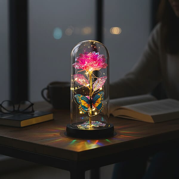Shop Lc Closeout Pink Rose & Butterlfly In Glass Dome With LED Lights