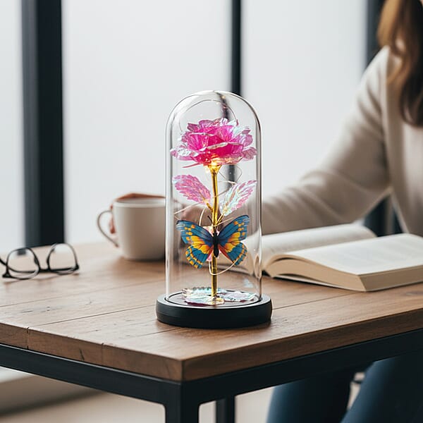 Shop Lc Closeout Pink Rose & Butterlfly In Glass Dome With LED Lights