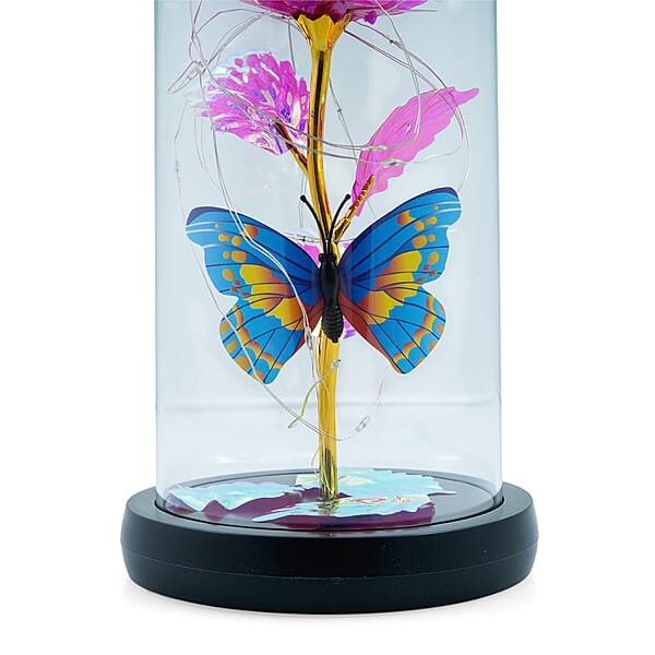 Shop Lc Closeout Pink Rose & Butterlfly In Glass Dome With LED Lights