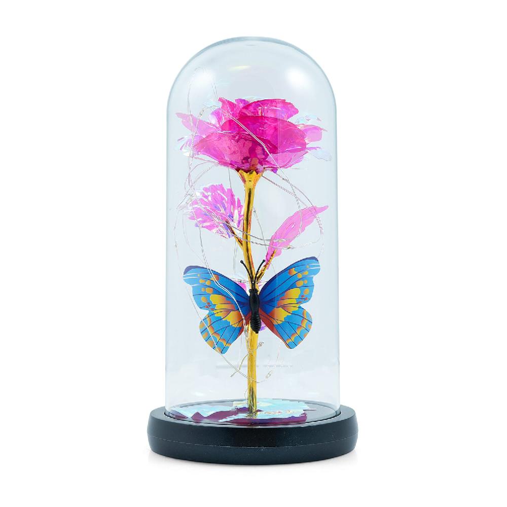 shop lc Closeout Pink Rose & Butterlfly in Glass Dome with LED Lights
