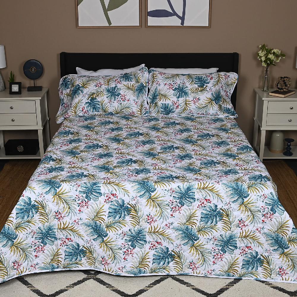 shop lc Closeout SEASIDE VILLA 3pc White and Green Leaf Disperse Print Quilt Set (Queen)