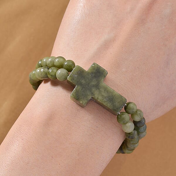 Shop Lc Connemara Marble 130.00 Ctw Line Of Faith Beaded Stretch Bracelet With Cross Charm