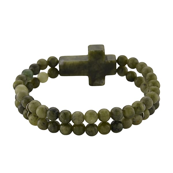 Shop Lc Connemara Marble 130.00 Ctw Line Of Faith Beaded Stretch Bracelet With Cross Charm