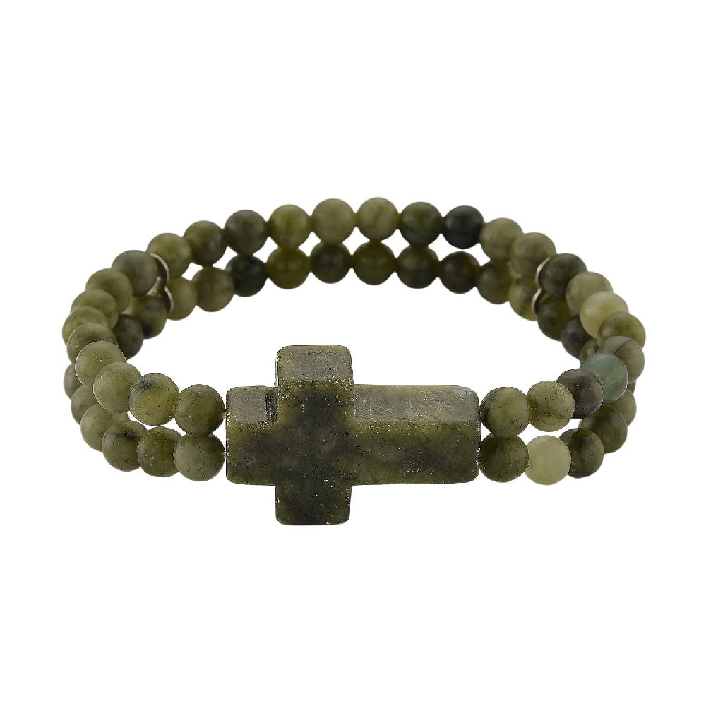 shop lc Connemara Marble 130.00 ctw Line of faith Beaded Stretch Bracelet with Cross Charm