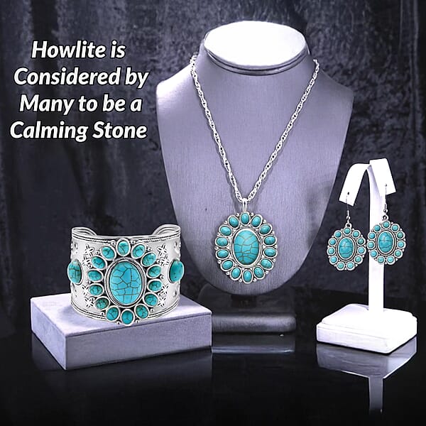 Shop Lc Constituted Blue Howlite 139.00 Ctw Floral Cuff Bracelet (7.50-8.50 In) Earrings And Pendant Necklace 26-30 Inches In Silvertone