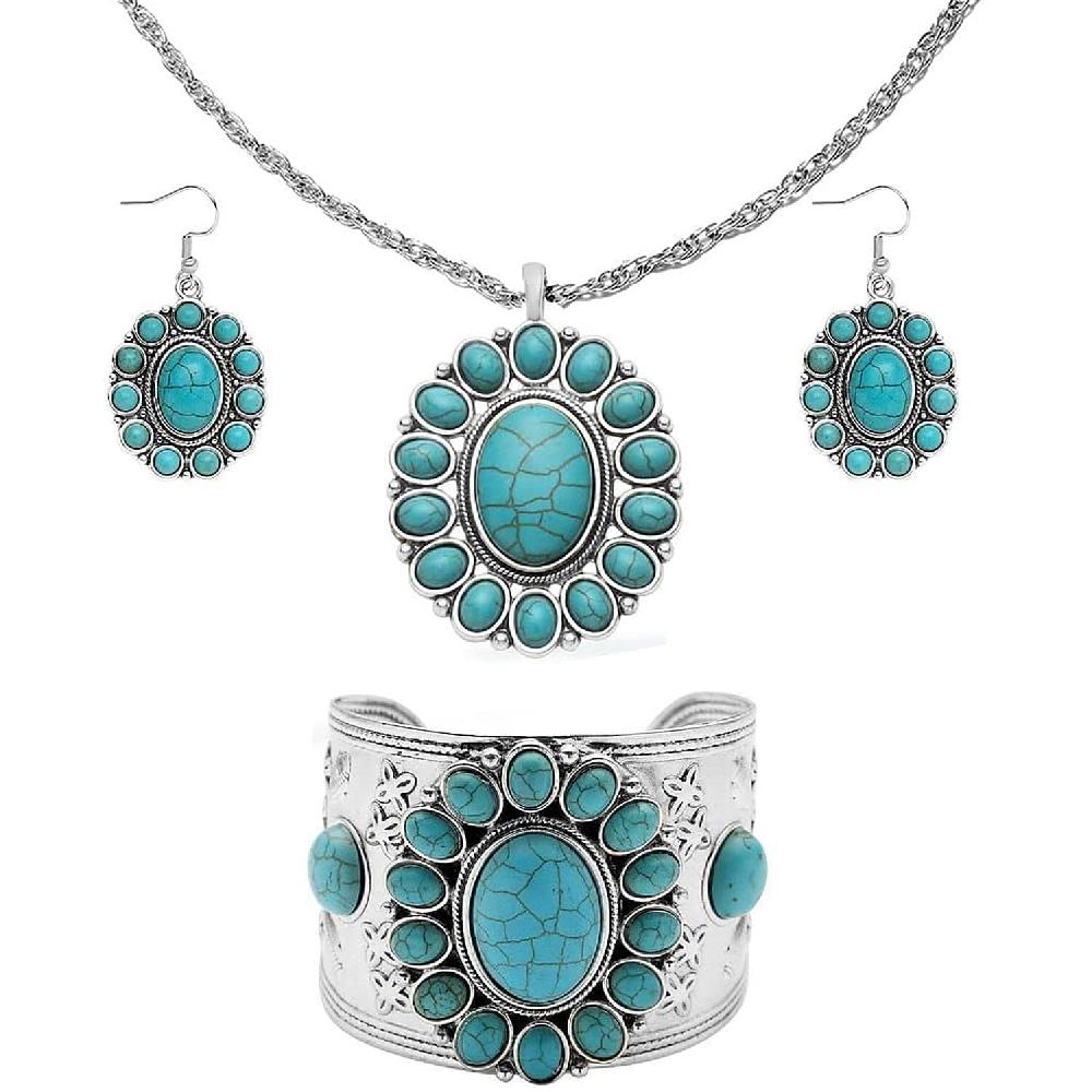 shop lc Constituted Blue Howlite 139.00 ctw Floral Cuff Bracelet (7.50-8.50 In) Earrings and Pendant Necklace 26-30 Inches in Silvertone