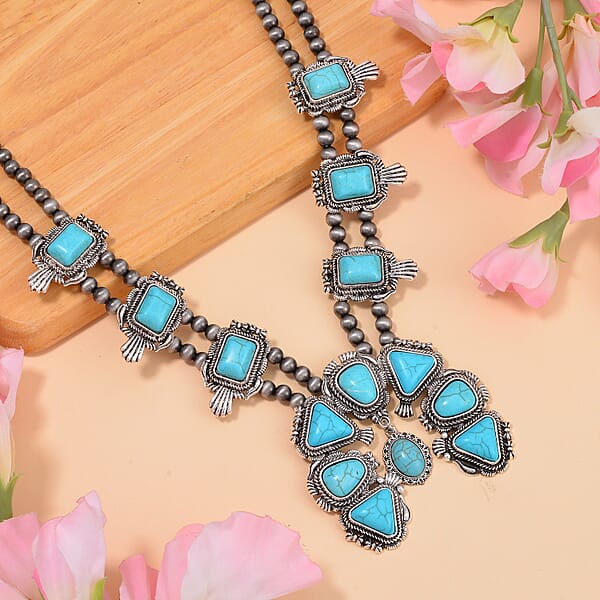 Shop Lc Constituted Blue Howlite 15.00 Ctw Squash Blossom Necklace In Silvertone 24-28 Inches