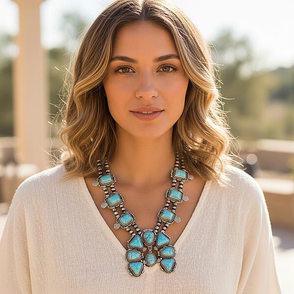 Shop Lc Constituted Blue Howlite 15.00 Ctw Squash Blossom Necklace In Silvertone 24-28 Inches