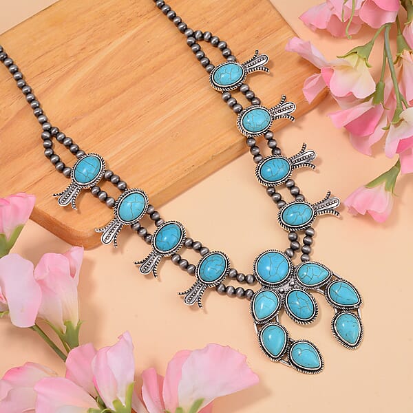 Shop Lc Constituted Blue Howlite 16.00 Ctw Squash Blossom Necklace In Silvertone 24-28 Inches