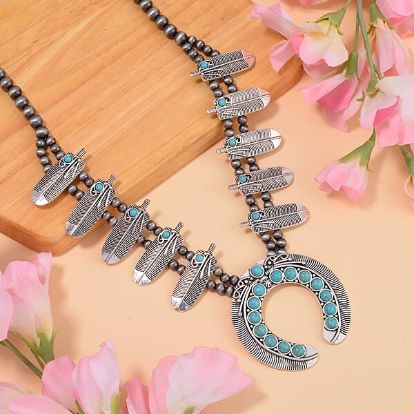 Shop Lc Constituted Blue Howlite 20.00 Ctw Squash Blossom Feather Necklace In Silvertone 24-28 Inches