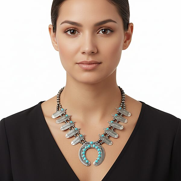 Shop Lc Constituted Blue Howlite 20.00 Ctw Squash Blossom Feather Necklace In Silvertone 24-28 Inches