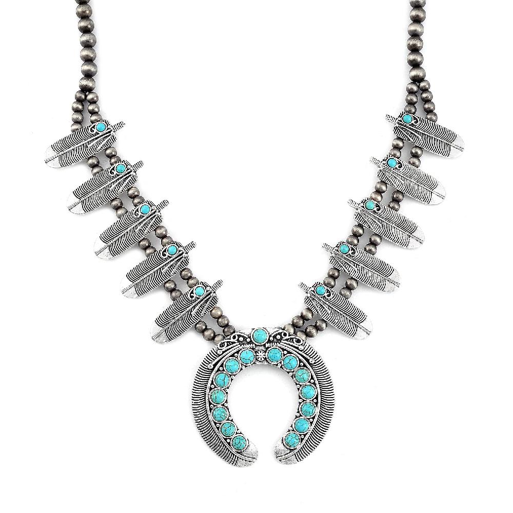 shop lc Constituted Blue Howlite 20.00 ctw Squash Blossom Feather Necklace in Silvertone 24-28 Inches