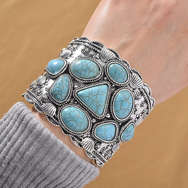 Shop Lc Constituted Blue Howlite 26.00 Ctw Southwestern Cuff Bracelet In Silvertone (7.25 In)