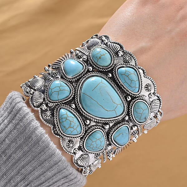 Shop Lc Constituted Blue Howlite 33.00 Ctw Southwestern Cuff Bracelet In Silvertone (7.25 In)