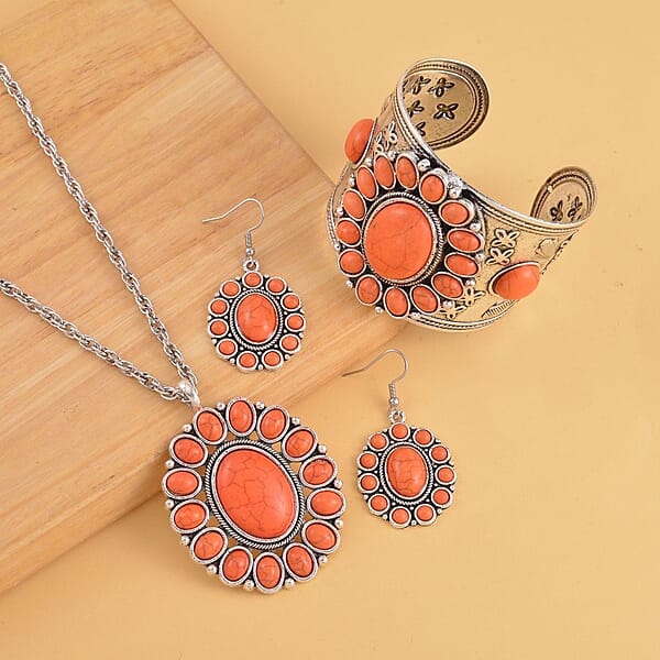Shop Lc Constituted Orange Howlite 219.00 Ctw Dangle Earrings Cuff Bracelet (7.5-8.5In) And Pendant Necklace 26-30 Inches In Silvertone