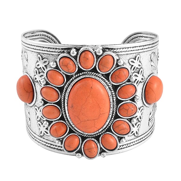 Shop Lc Constituted Orange Howlite 219.00 Ctw Dangle Earrings Cuff Bracelet (7.5-8.5In) And Pendant Necklace 26-30 Inches In Silvertone