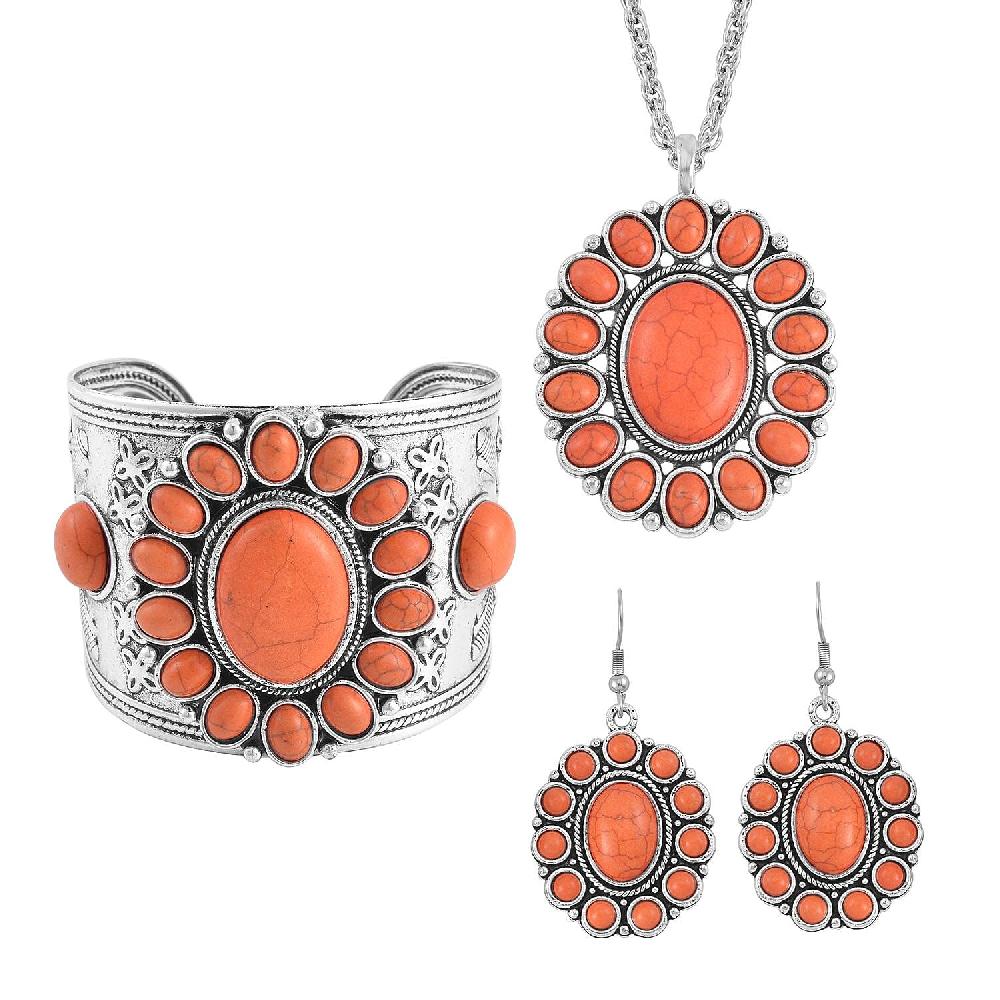 shop lc Constituted Orange Howlite 219.00 ctw Dangle Earrings Cuff Bracelet (7.5-8.5In) and Pendant Necklace 26-30 Inches in Silvertone