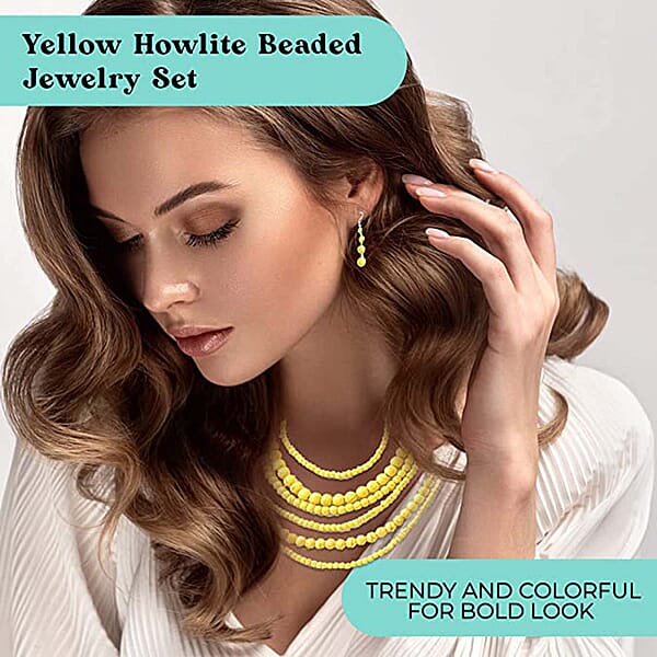 Shop Lc Constituted Yellow Howlite 1438.50 Ctw Beaded Dangle Earrings And Multi Strand Necklace 18-20 Inches In Black Oxidized Silvertone And Stainless Steel