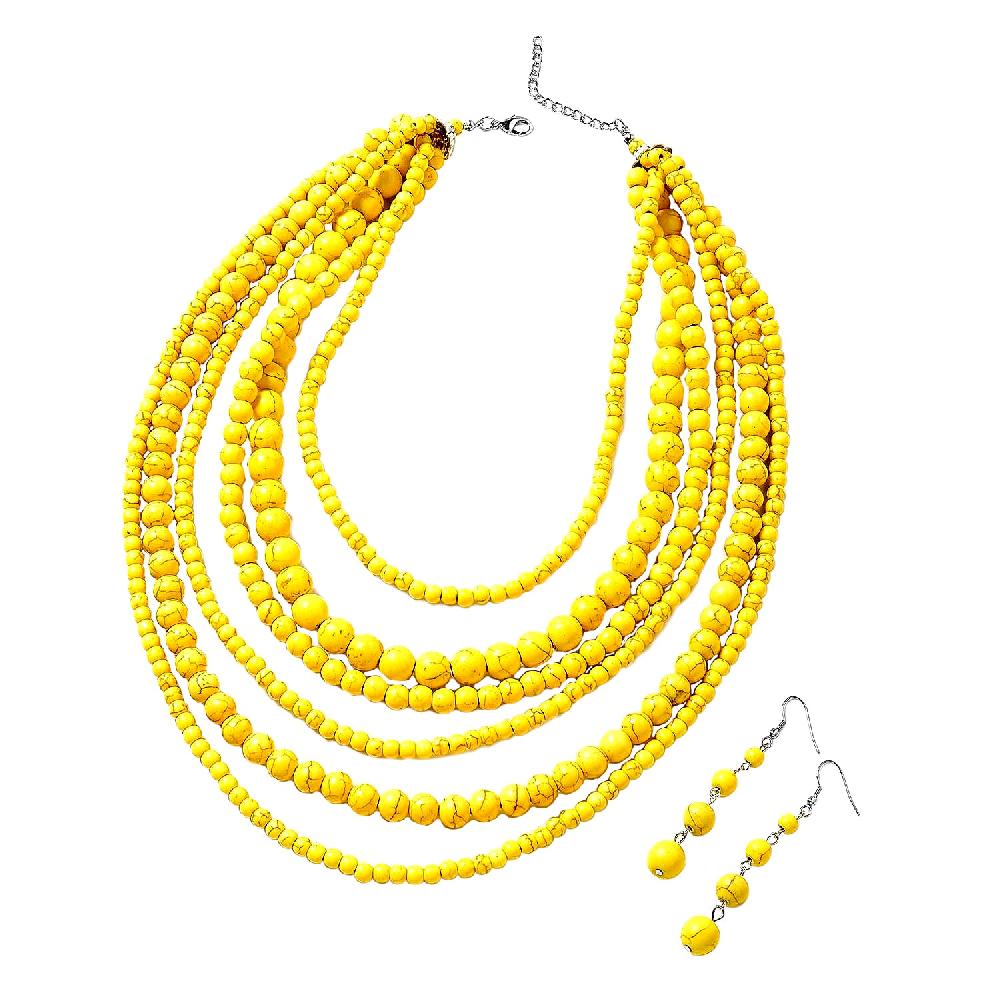 shop lc Constituted Yellow Howlite 1438.50 ctw Beaded Dangle Earrings and Multi Strand Necklace 18-20 Inches in Black Oxidized Silvertone and Stainless Steel